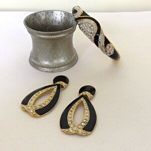 Black Enamel and Rhinestone Pierced Earrings and Bracelet Set on Goldtone...726